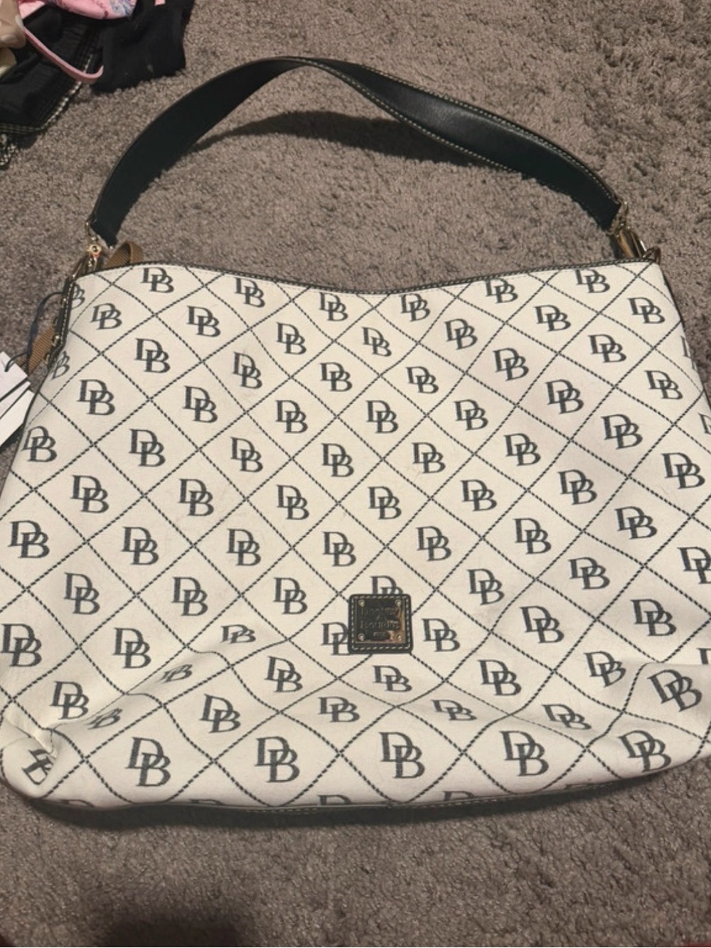 Dooney & Bourke White Signature DB Hobo Shoulder Bag with Black Strap